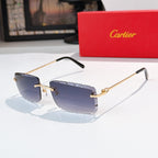 Sunglasses with blue tinted lenses, gold frame, and black temple tips.