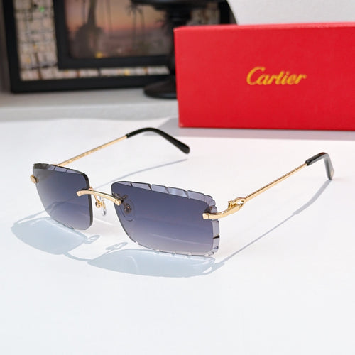 Sunglasses with blue tinted lenses, gold frame, and black temple tips.