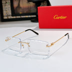 Sunglasses with clear lenses, silver frame, and black temple tips.