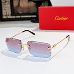 Sunglasses with pink-lavender tinted lenses, gold frame, and black temple tips.