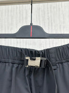 Navy elastic-waist cargo shorts with adjustable buckle waist strap