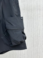 Navy cargo shorts with large side pocket and hanging drawcord
