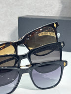 Sunglasses close-up with dark frames, gradient lenses, and gold temple emblems.