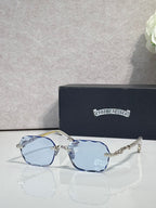 Chrome glasses with light blue lenses, silver frame, and patterned temple arms