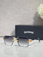 Chrome glasses with dark gray lenses, black frame, gold-tone arms and hinges