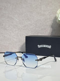 Chrome glasses with blue-tinted clear lenses, black frame, chrome arms with logo