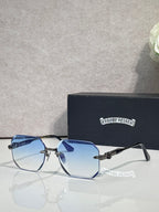 Chrome glasses with blue-tinted clear lenses, black frame, chrome arms with logo