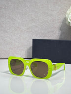 Neon green square sunglasses with dark lenses and gold logo hinge