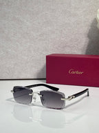 Cartier eyeglasses with dark lenses, silver metal frame, and gold detailing at the bridge.