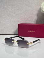 Cartier eyeglasses with dark gray lenses, silver frame, gold hinges, and black temple tips.