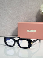 Glasses with black frame and clear lenses, rectangular with slim arms