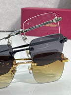 Tinted sunglasses and eyeglasses with metal temples, Cartier, close view.