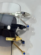 Cartier sunglasses close-up with gold accents, black arms, blue end caps on lens frames.
