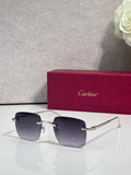 Cartier sunglasses with dark gradient lenses and silver frame with clear side arm tips.
