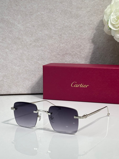 Cartier sunglasses with dark gradient lenses and silver frame with clear side arm tips.
