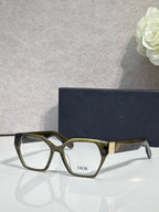 Dior eyeglasses, olive green frame with gold-toned temples, rectangular lenses
