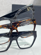 Dior eyeglasses, temple close-up with size markings and dark logo accents