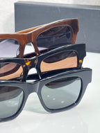 Balenciaga sunglasses with brown and black frames, gold details, and dark tinted lenses