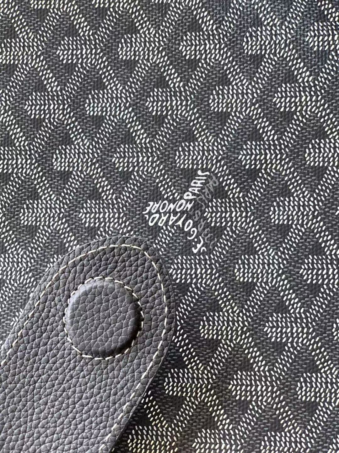 Goyard monogram bag close-up of embossed leather patch, dark gray