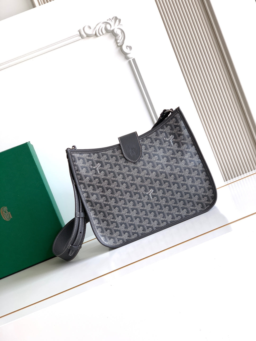 Goyard monogram hobo bag with top handle and adjustable shoulder strap, dark gray