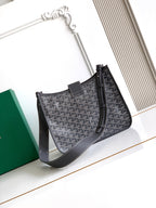 Goyard monogram hobo bag front view with top handle and shoulder strap, dark gray
