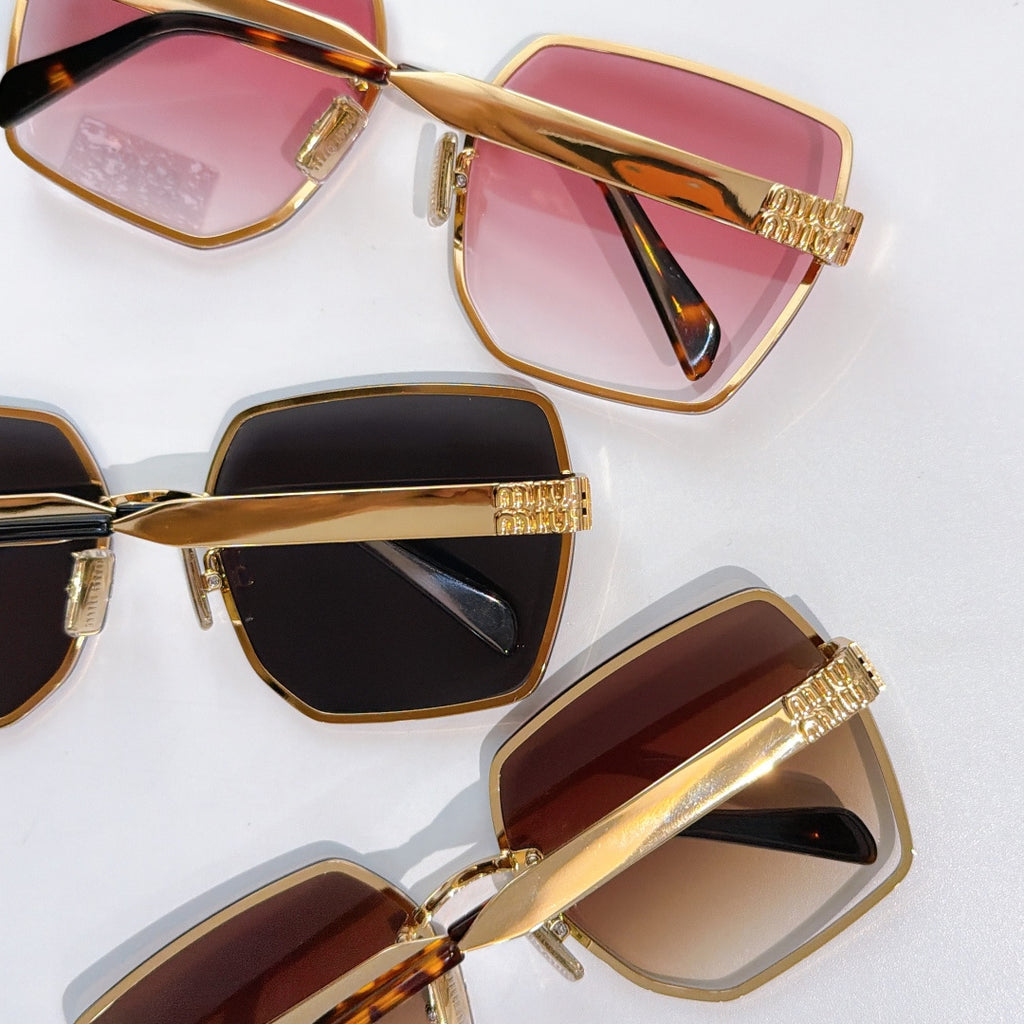 Miu Miu eyeglasses set with gold frames and pink, black, and brown lenses.