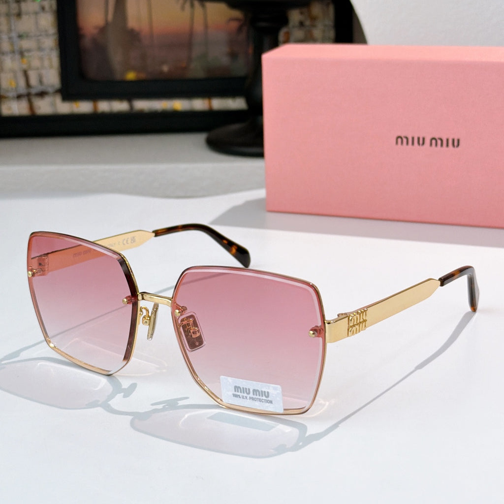 Miu Miu eyeglasses with gold-tone frames and pink lenses, dark acetate temples.