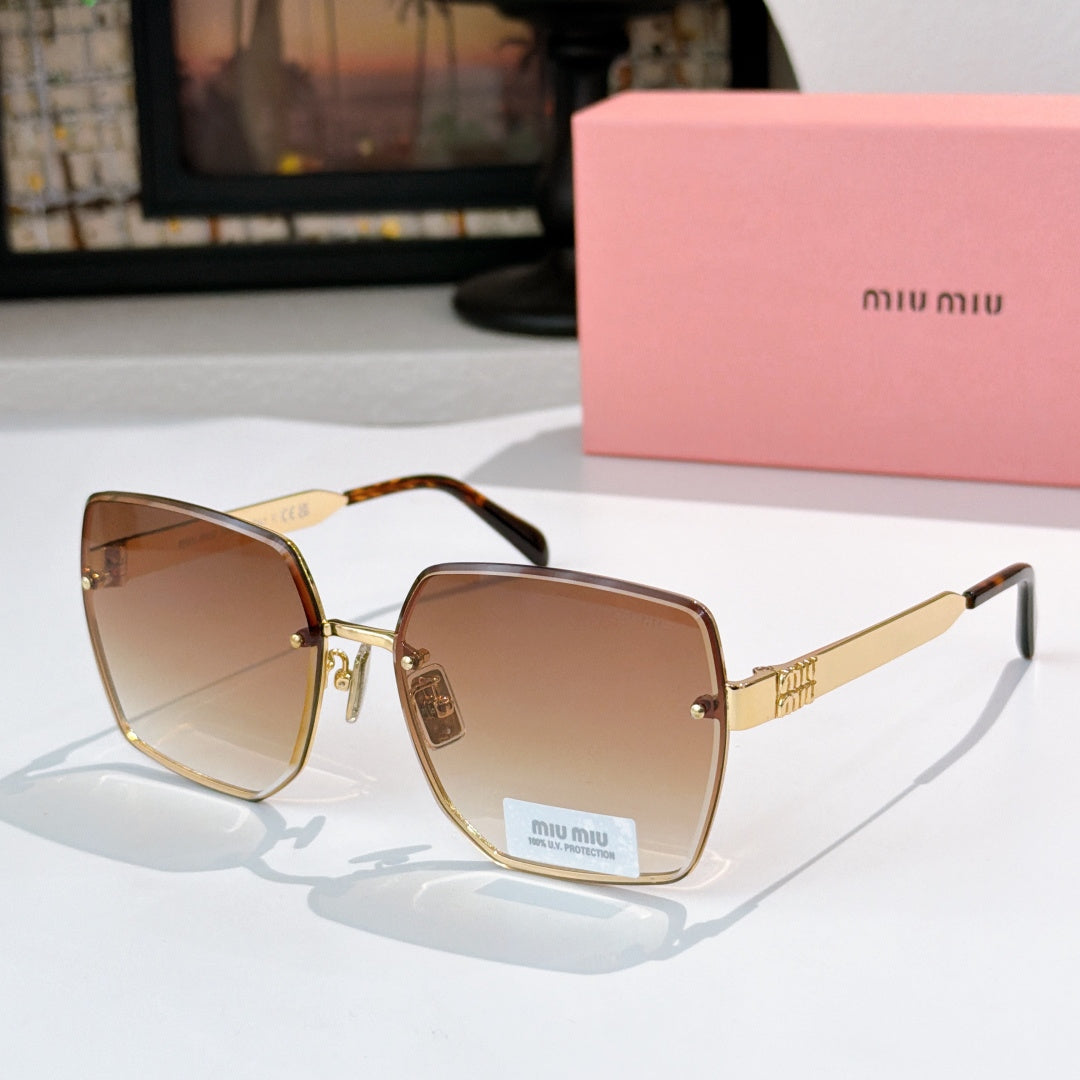 Miu Miu eyeglasses with gold-tone frames and brown lenses, dark acetate temples.