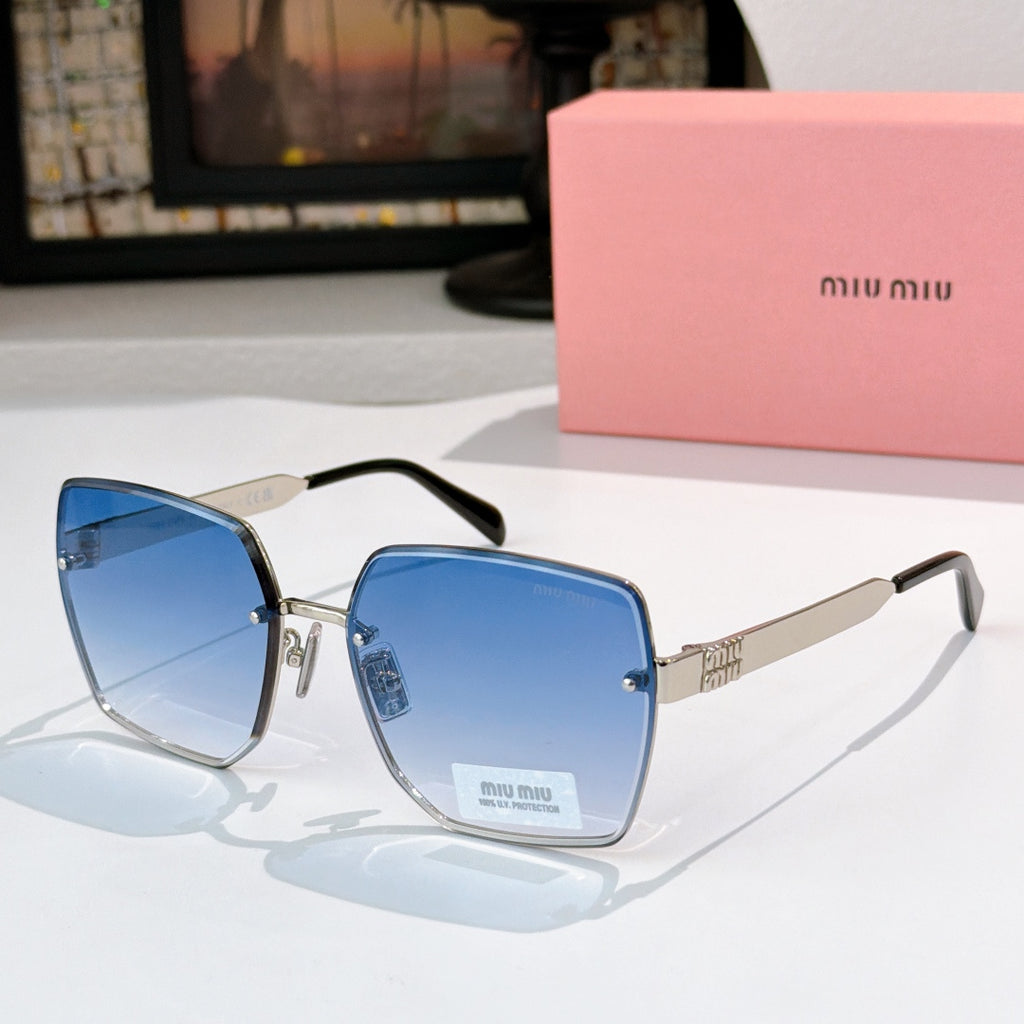 Miu Miu eyeglasses with gold-tone frames and blue lenses, black temples.