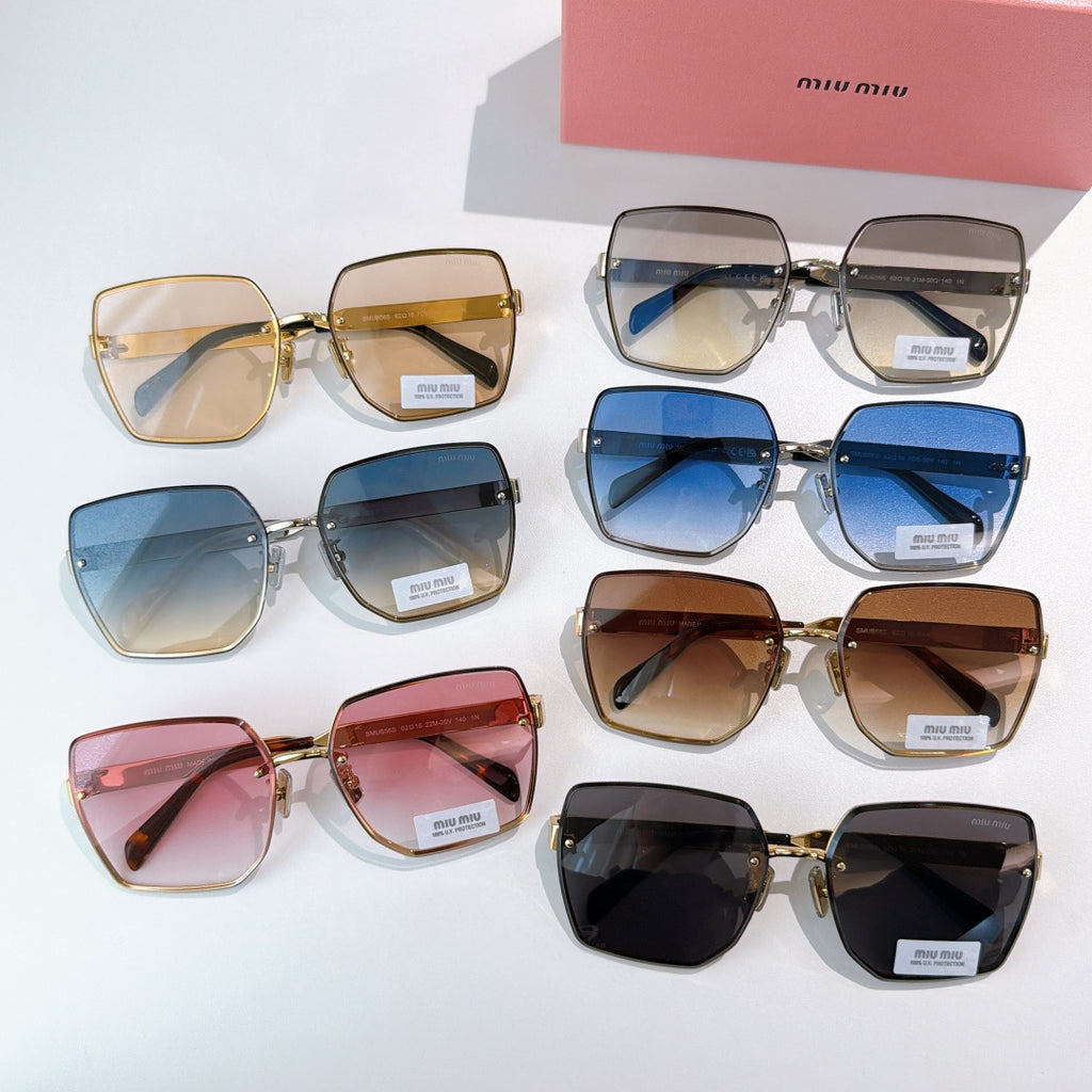 Miu Miu eyeglasses assortment with gold-tone frames and blue, brown, and black lenses.