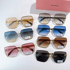 Miu Miu eyeglasses assortment with gold-tone frames and blue, brown, and black lenses.