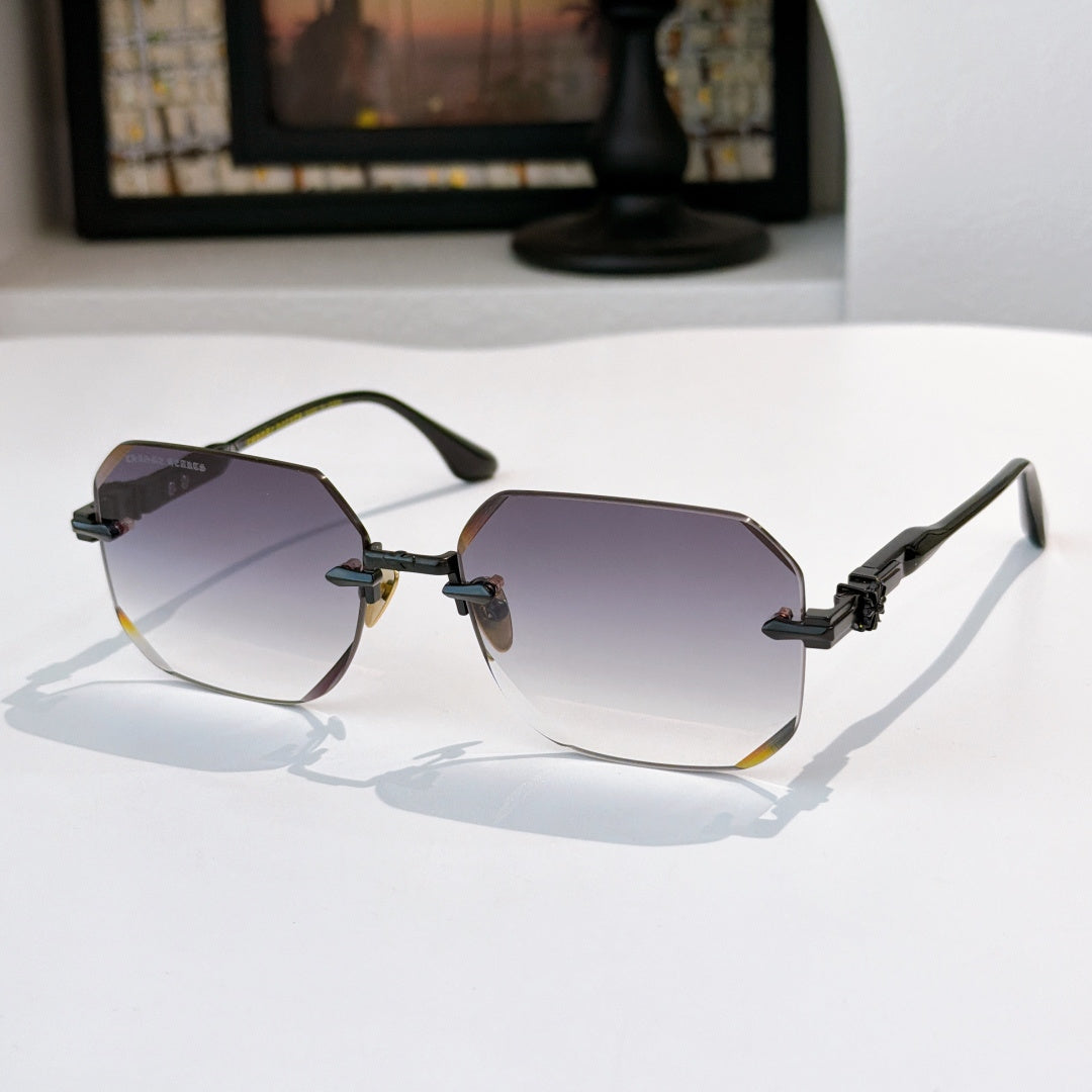Hexagon sunglasses with dark frame, gold accents, and dark purple tinted lenses