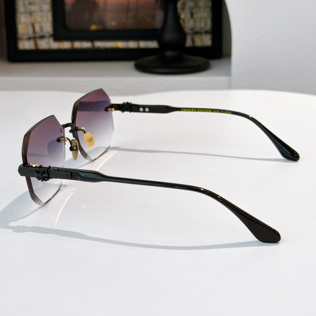 Side-view hexagon sunglasses with black frame and rose tinted lenses