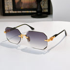 Hexagon sunglasses with dark frame, gold accents, and purple tinted lenses