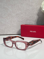 Prada eyeglasses with maroon rectangular frame and clear lenses