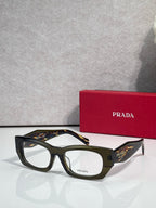 Prada eyeglasses with dark olive rectangular frame and tortoiseshell temples