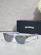 Translucent light-blue sunglasses with dark lenses and clear temple tips