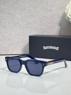 Blue sunglasses with dark lenses and clear-accent temples