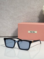 Rectangular sunglasses with black frame and blue-tinted lenses, miu miu logo