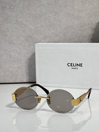 Celine sunglasses with round gray lenses and black frame, gold-tone temple arms