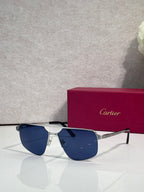 Sunglasses with silver metal frame and dark blue mirrored lenses