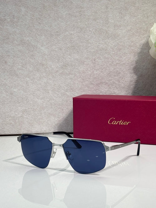 Sunglasses with silver metal frame and dark blue mirrored lenses