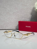 Prada optical glasses, gold metal frame, clear lenses, front view