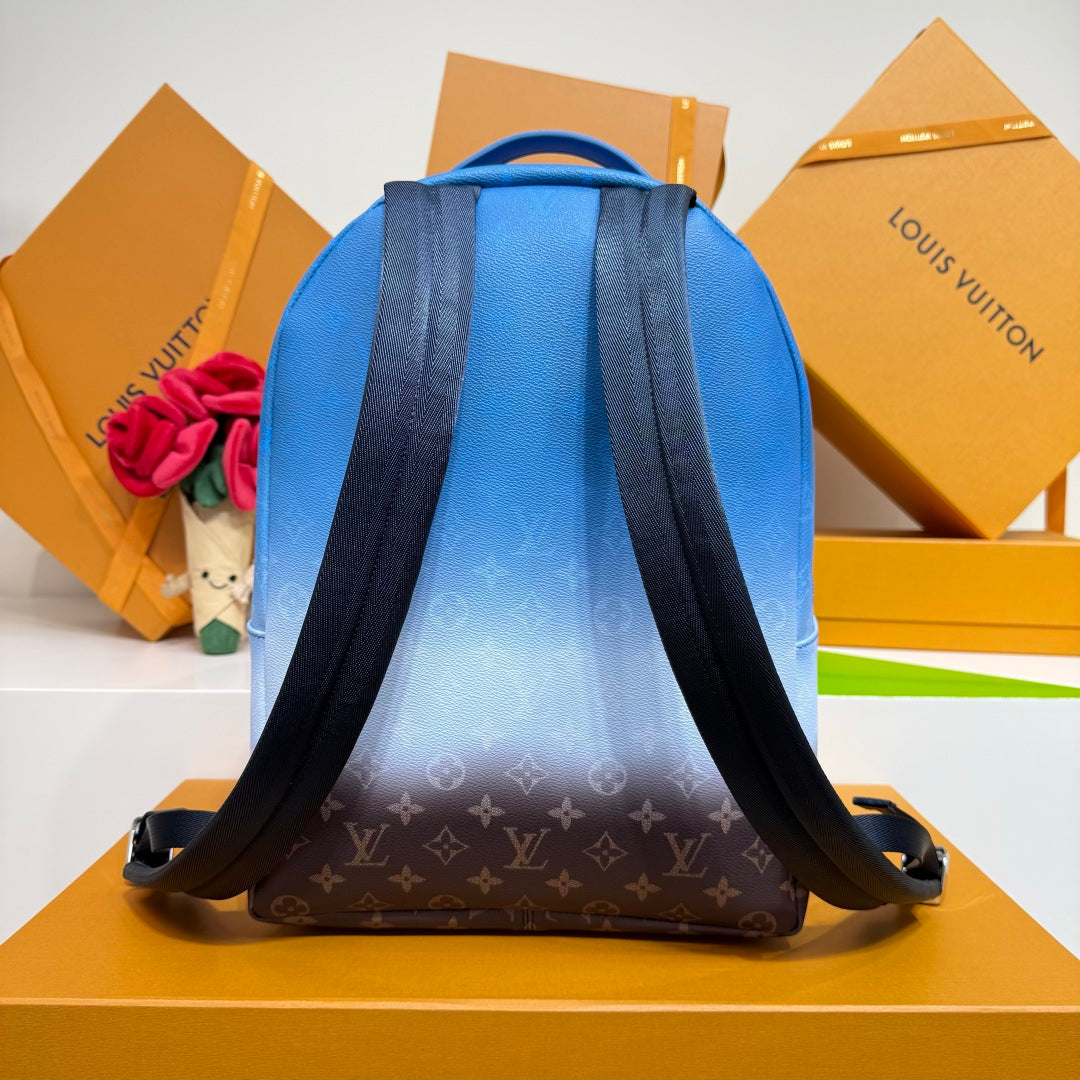 Blue monogram backpack with back panel and dual adjustable shoulder straps