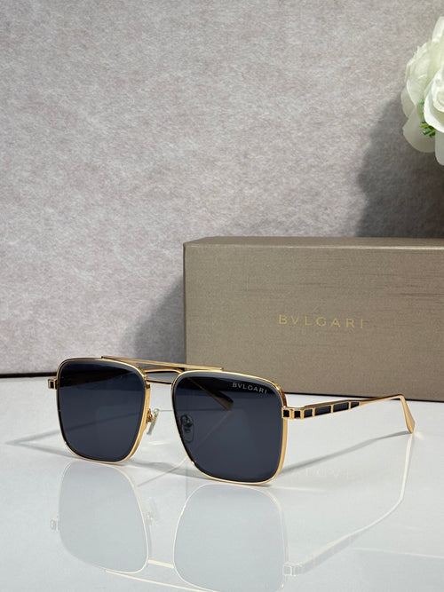 Bvlgari sunglasses with dark blue tinted lenses and gold-tone square frames