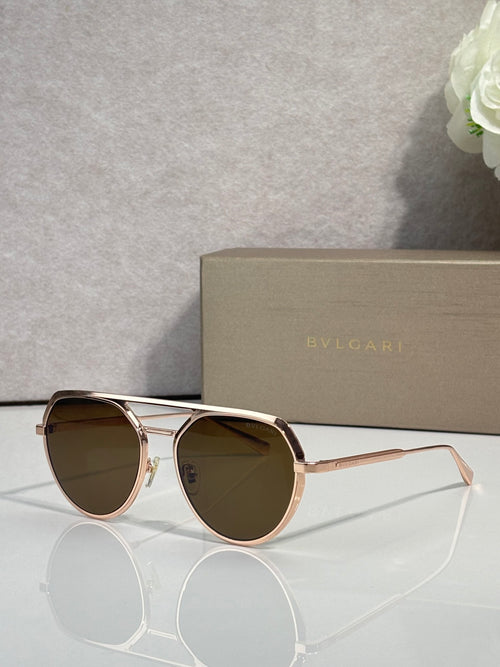 Bvlgari round sunglasses with dark brown lenses and rose-gold metal frame