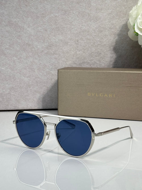 Bvlgari round sunglasses with blue lenses and silver metal frame