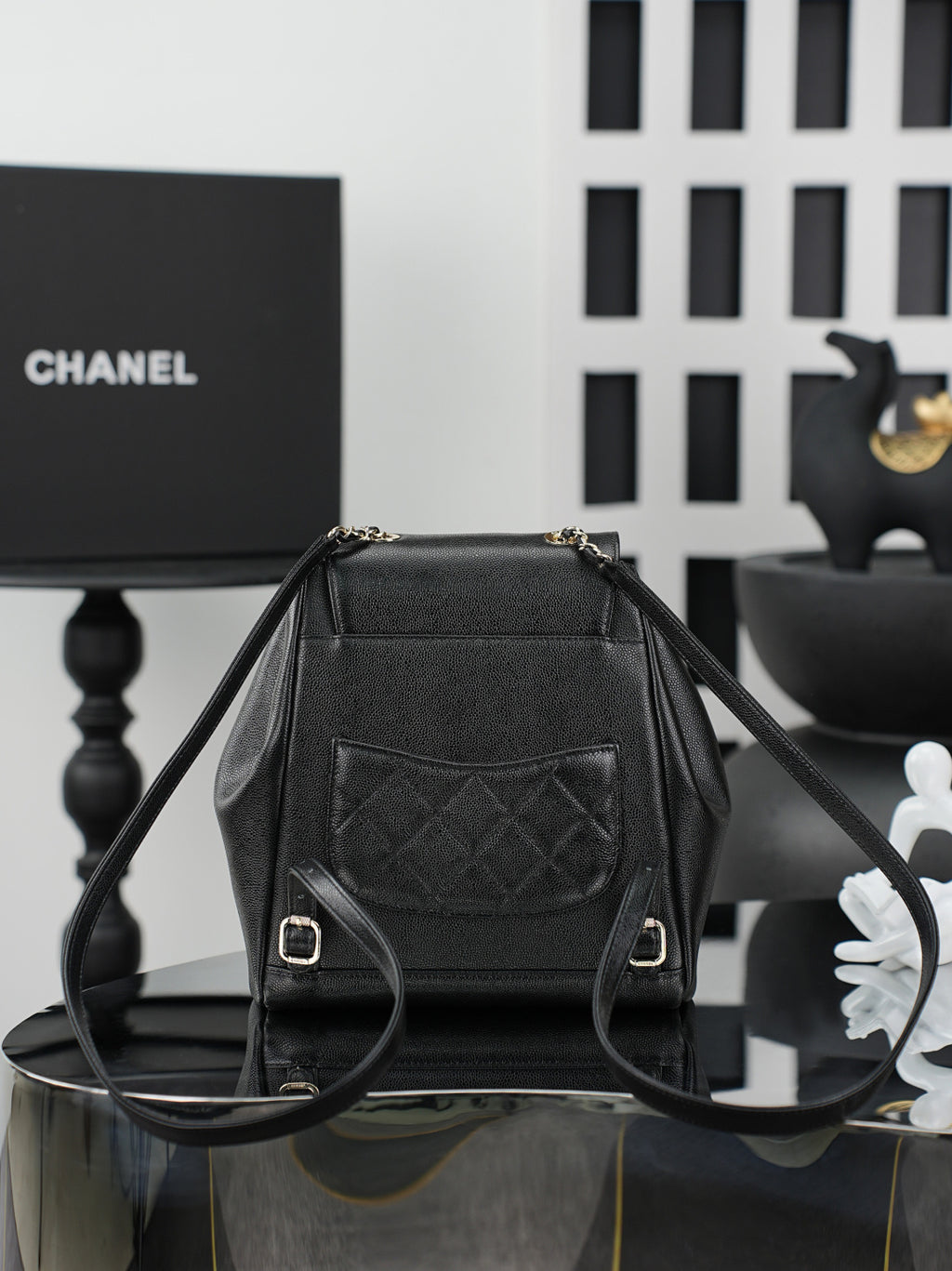 Chanel black mini bag with front flap and quilted diamond panel