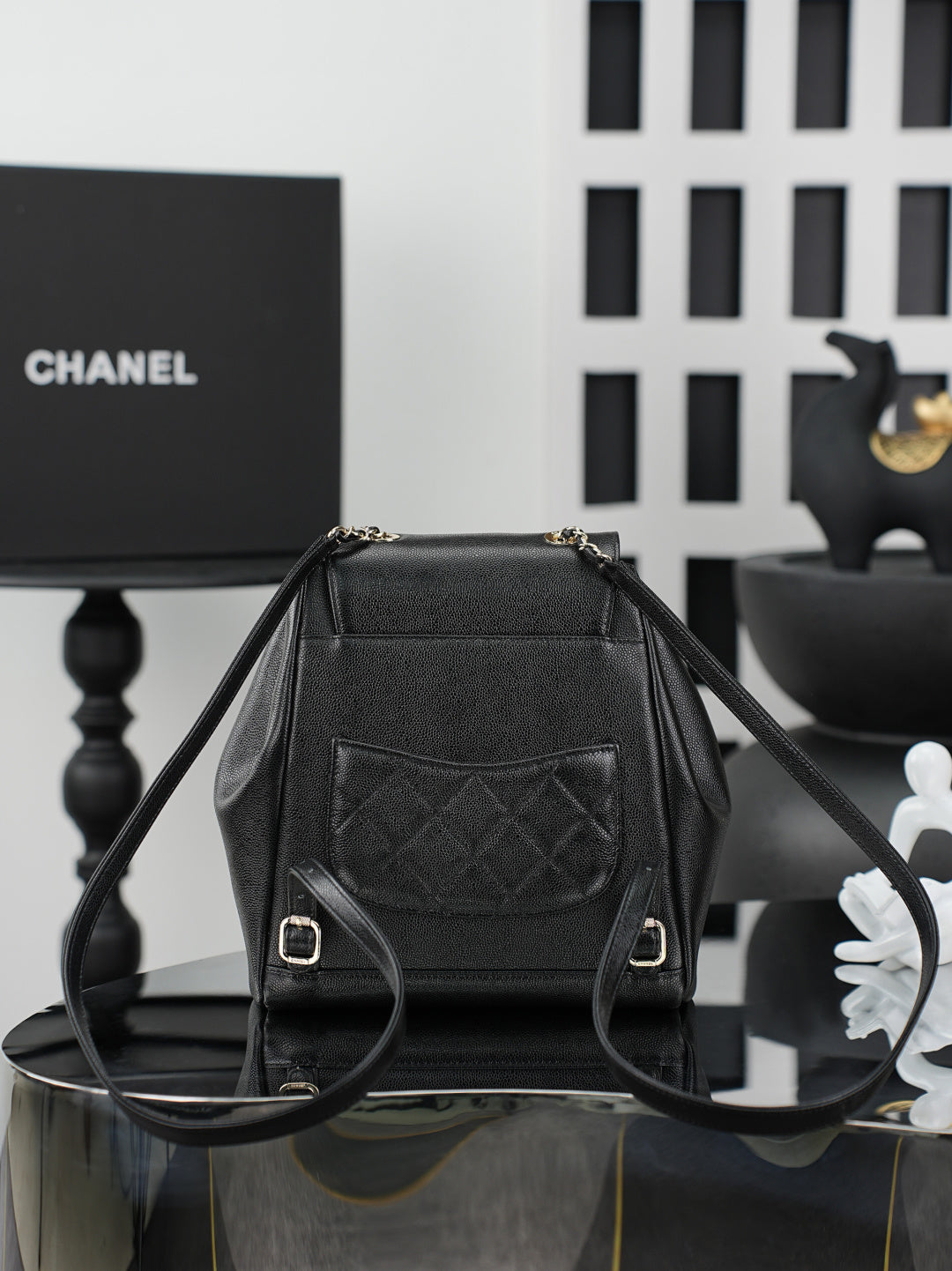 Chanel black mini bag with front flap and quilted diamond panel