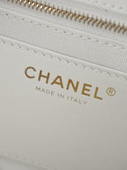 White bag lining with gold CHANEL lettering and Made in Italy label